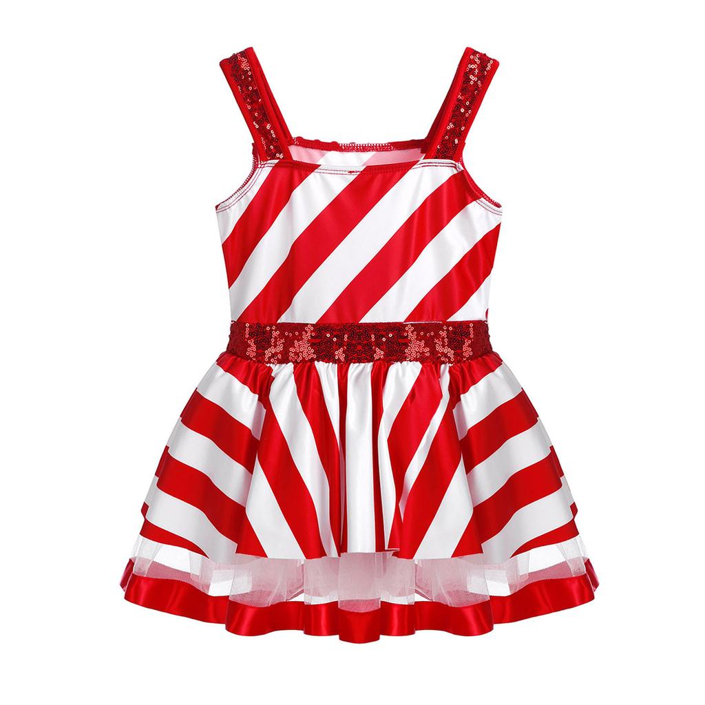 Figure Ice Skating Dress for Girls Holiday Costume Christmas Candy Cane Dress Kids Sleeveless Xmas Party Dress