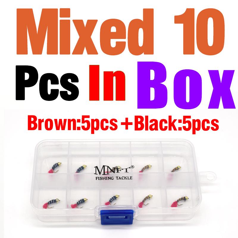 MNFT 10Pcs 14# Beadhead Red Tail Nymph Fly Fishing Lure Black & Brown Artificial Bait