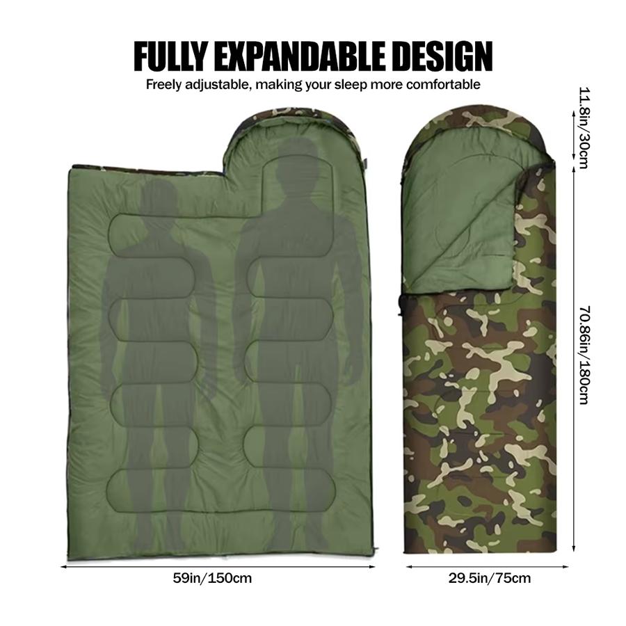 Schmutzabweisender Schlafsack Camouflage Grün Bettwäsche Mit Hut Warm Geeignet Für Outdoor-Camping, Wandern Und Rucksacktouren