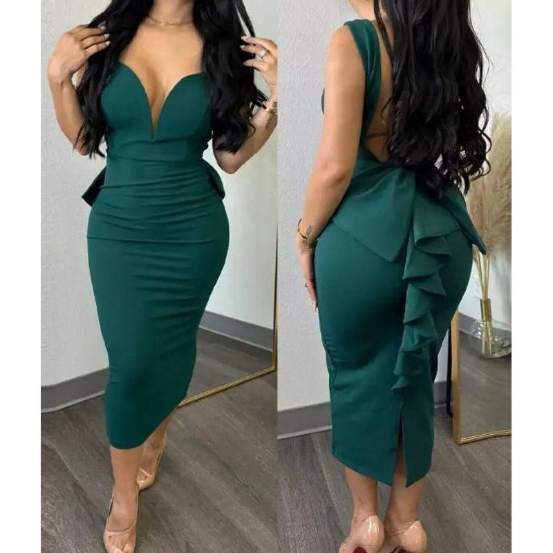 

2023 European and American Style Elegant Solid Color Bodycon Backless Deep V High-Waisted Bow Elastic Slit Dress Green L