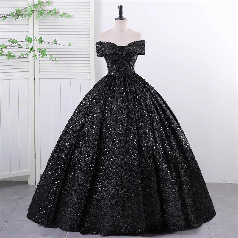 Off-the-Shoulder Sequined Evening Gown for Women: Ideal for Performances, Beauty Pageants, and Gala Events with Puffy Long Skirt.
