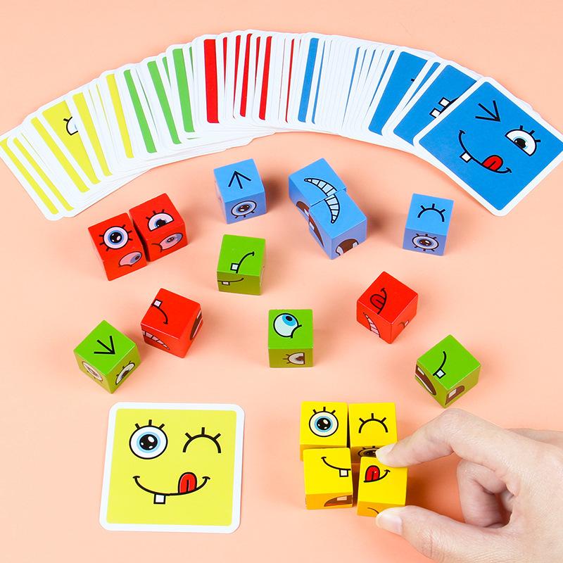 Children'S Wooden Expression Face-Changing Rubik'S Cube Building Block Puzzle Parent-Child Interaction Table Games Early Education Educational Toys