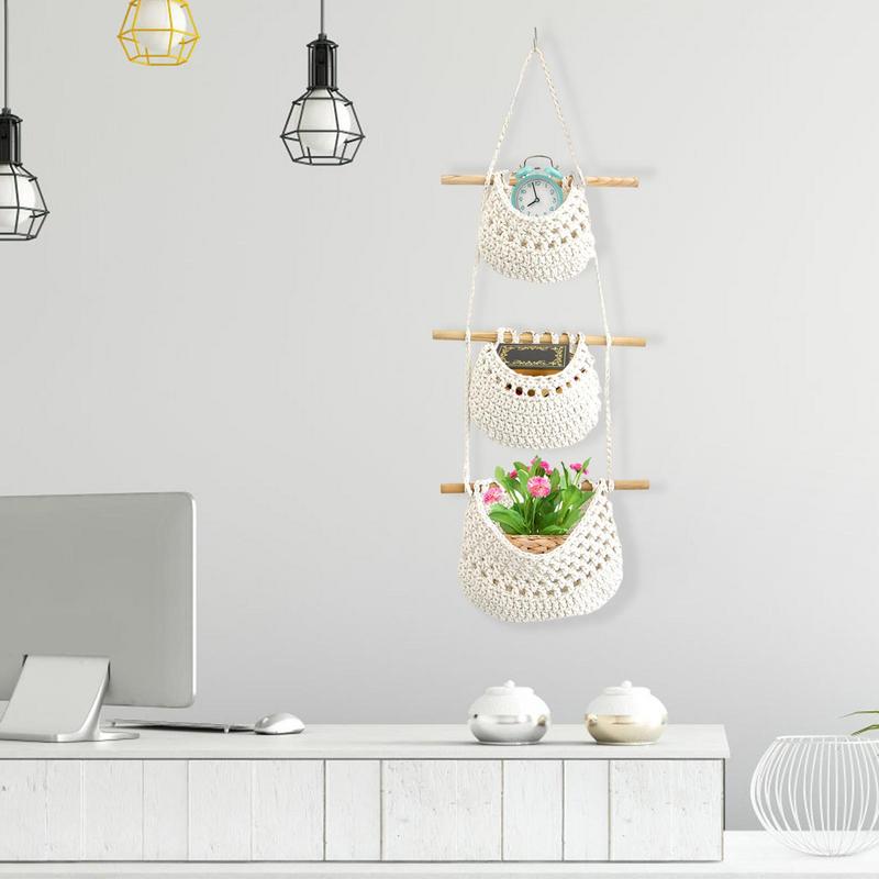 3 Tier Fruit Hanging Basket Bohemian Decor For Home Kitchen Woven Vegetable and Fruit Net Bag Multi-functional Storage Net Bag