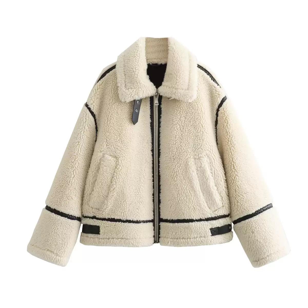 

New Women s Wear European and American Style Casual Fur One Piece Lamb Wool Contrast Color Plush Warm Jacket M бежевий