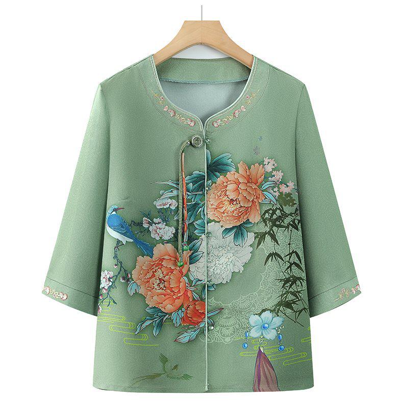 Floral Seven-Sleeve Shirt for Middle-Aged & Elderly Women – Chic Grandma Style, Summer Chinese Top