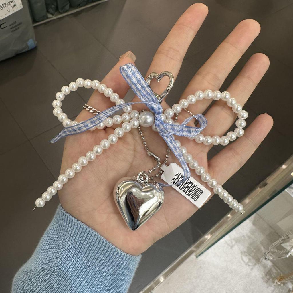 Korean White Bowknot Heart Keychain Women Sweet Charm Pearl Bow Backpack Key Ring Handmade Jewelry Ornament Bags Pendants Gifts