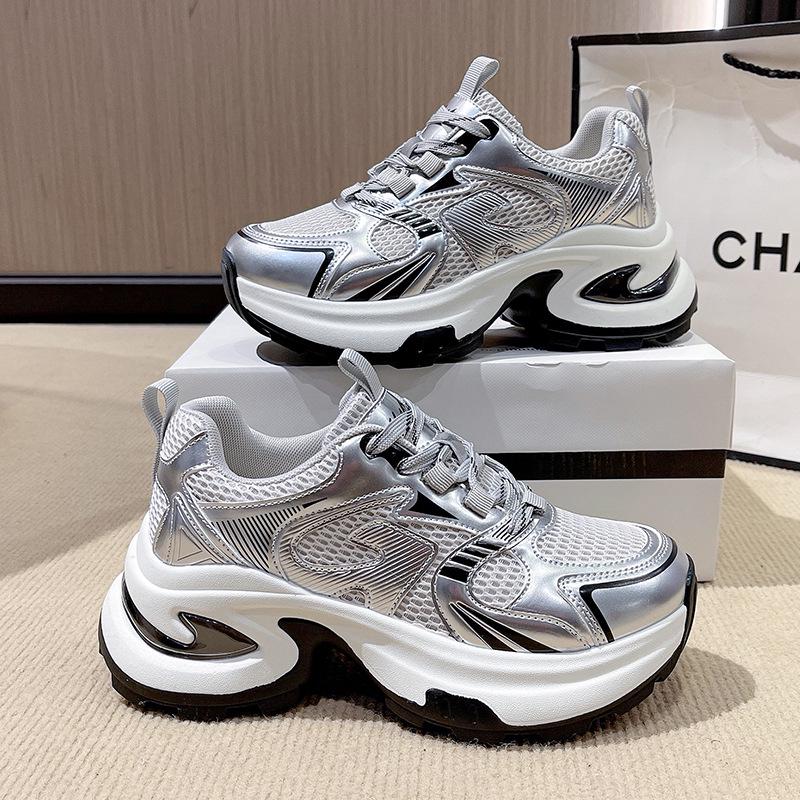 

Women s Summer 2025 Mesh Dad Shoes: Thick Sole, Slimming, Versatile Fashion Sneakers 40 серебряный