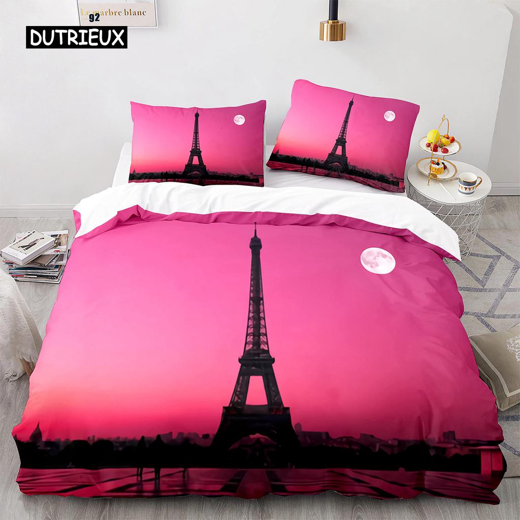 Eiffel Tower Duvet Cover Set King Size Paris Cityscape Twin Bedding Set Modern French Style Polyester Comforter Cover Boys Girls