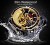Luxuriöse mechanische Armbanduhren, goldenes Skelett-Zifferblatt, Edelstahlstreifen, automatische Uhren für Männer, transparente Uhr