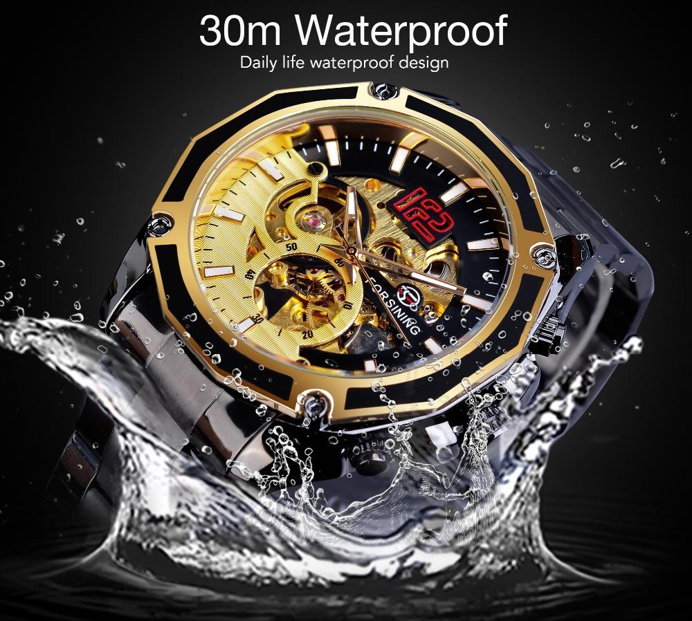 Luxuriöse mechanische Armbanduhren, goldenes Skelett-Zifferblatt, Edelstahlstreifen, automatische Uhren für Männer, transparente Uhr