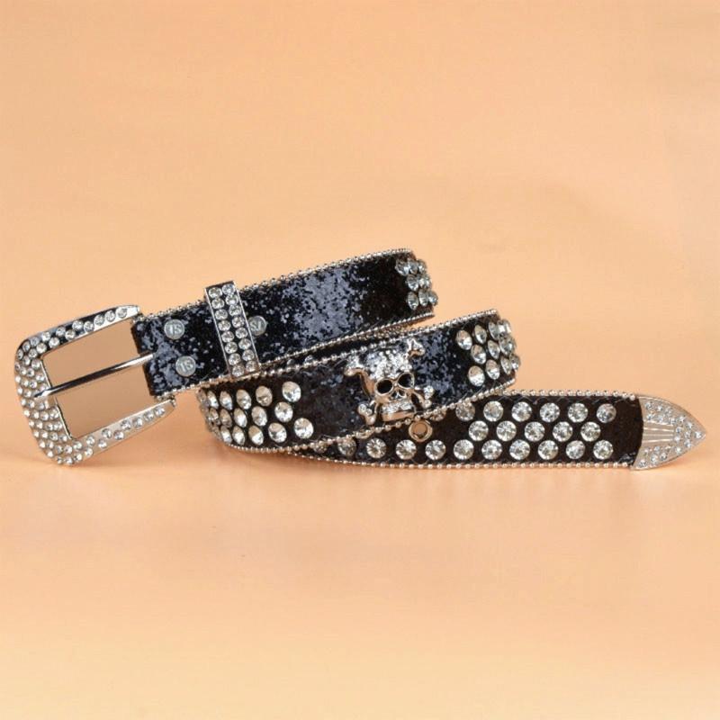 Steampunk Rhinestone Belt Women Waist Belt Western Cowgirl Skull Studded PU Leather Belt for Teenager Girl Female Male