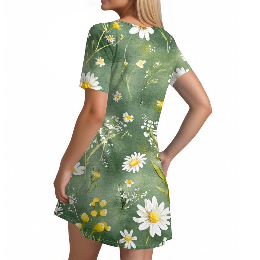 Women's Summer Dresses Women's Summer Floral Print Dresses Short Sleeve Round Tie Pocket Casual Dresses