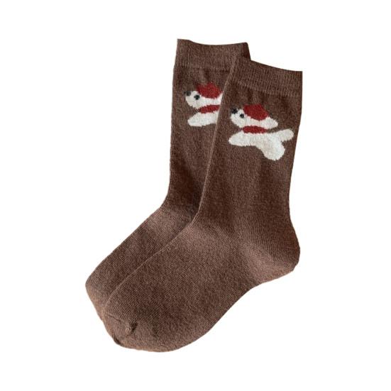 1/5 Pairs Student Socks Cartoon Puppy Design Thickened Fleece Lining Socks Winter Warmth Stretch Fit Socks