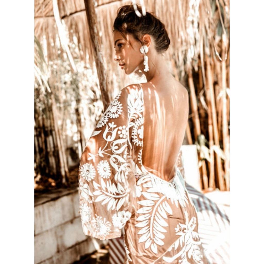 New European American Style Deep V Backless Tulle Embroidery Puff Sleeve Dress Evening Party Gown