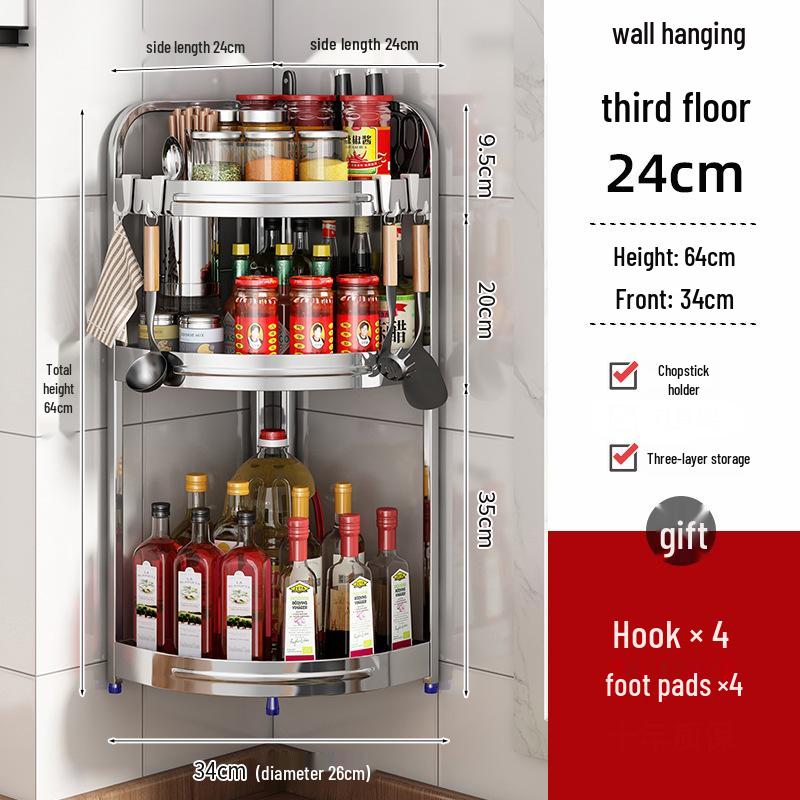 Stainless Steel Kitchen Corner Shelf for Oil, Sauce, Vinegar & Spices - Triangle Storage Rack with Knife Holder.