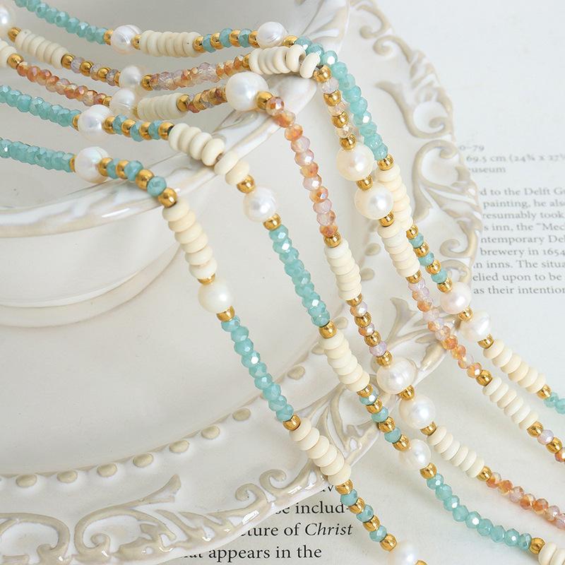 Dopamine Color String Chain Handmade Necklace Freshwater Pearl Glass Stone Personality Versatile Round Bead Clavicle Chain Jewelry Women