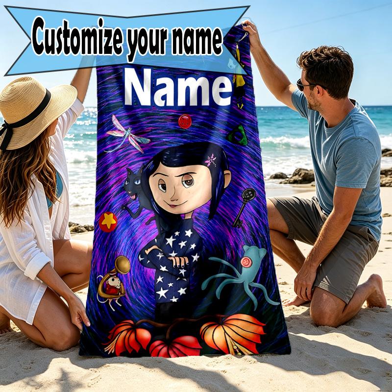 Custom Name Personalized Coraline Print Beach Towel, for Trip Camping Beach Party Home Decor, Birthday Gift for Family & Friends