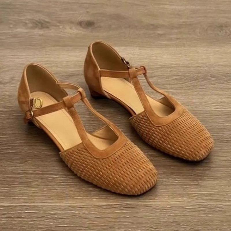 Fashion 2025 New Retro Woven Beautiful Roman Sandals Women's Mary Jane Block Heel Baotou Single Shoes