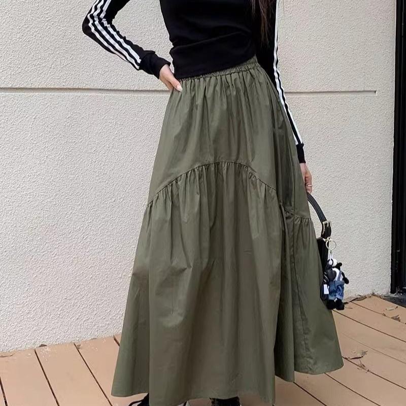 

Весенние новые эластичные юбки с высокой талией, модные свободные длинные юбки для женщин, плиссированные лоскутные летние юбки А-силуэта, женские элегантные темпераментные простые женские юбки 26290 One Size армия зеленый
