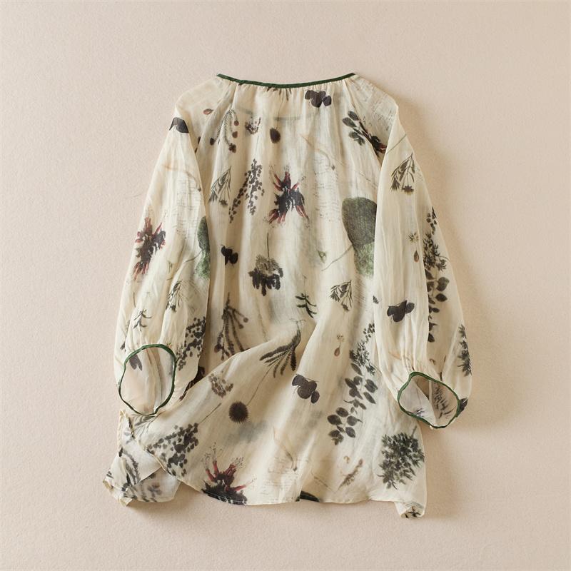 Women's Cotton Linen Shirt Vintage Blouses Loose Floral Short Sleeves Top O-Neck Ladies Clothing