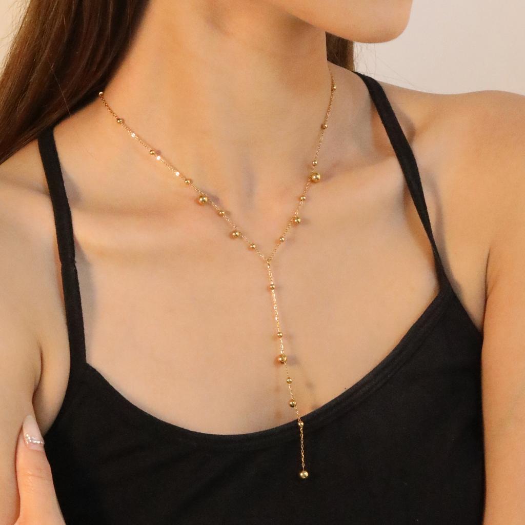 Long tassel necklace Trendy round steel bead necklace 18K gold-plated stainless steel jewelry women