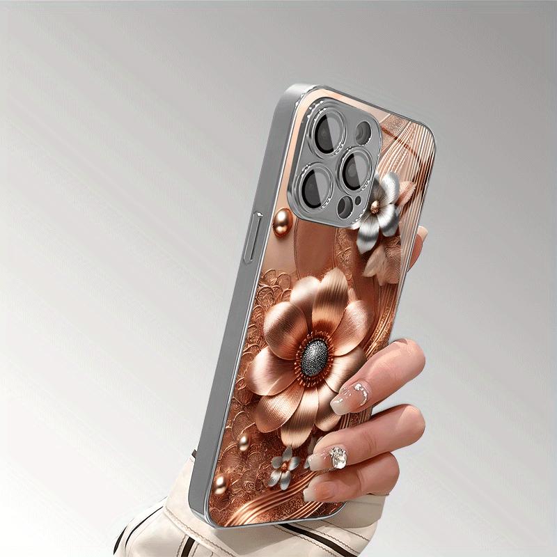 Golden Three-dimensional Beaded Floral Decorative Pattern Electroplated Glass Phone Case for iPhone 16 16Pro 16ProMax 16Plus