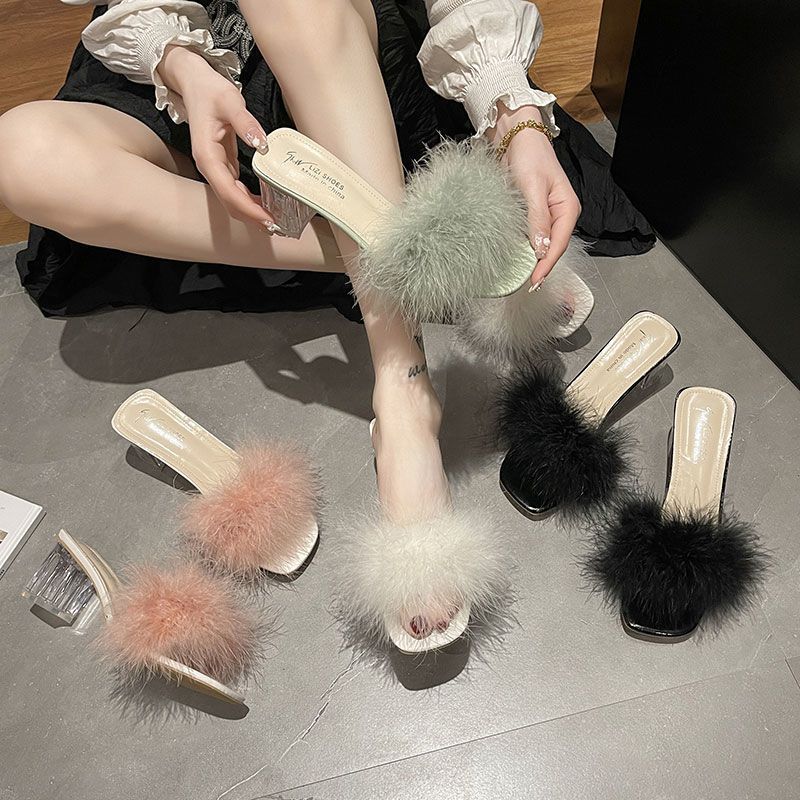 Spice Girl Transparent Heel Cool Slippers One-word Drag Royal Sister Style Thick Heel High Heels Fluffy Slippers Female Summer
