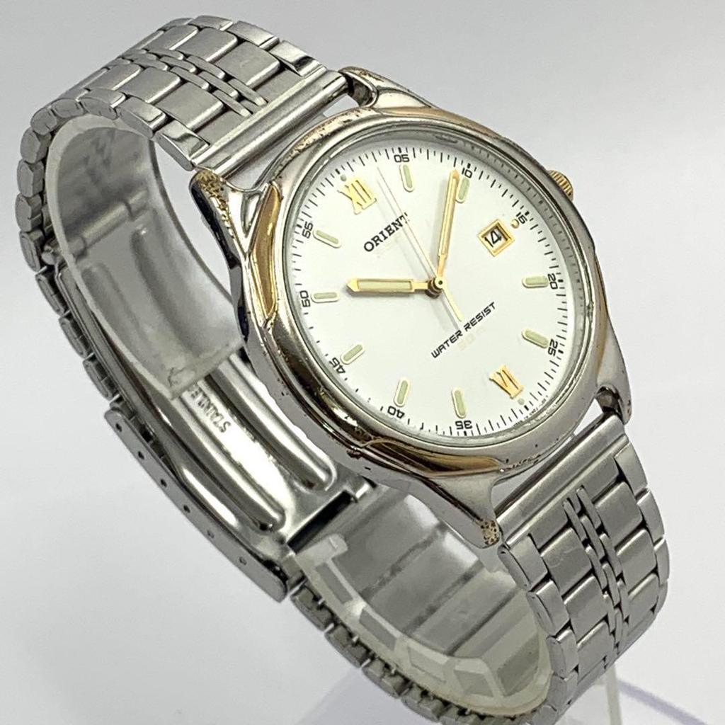 Used 773 [Battery Replaced and Cleaned] Working Item ORIENT Men's Watch Orient White Date QZ Type Screw Pack WATER RESIST Popular