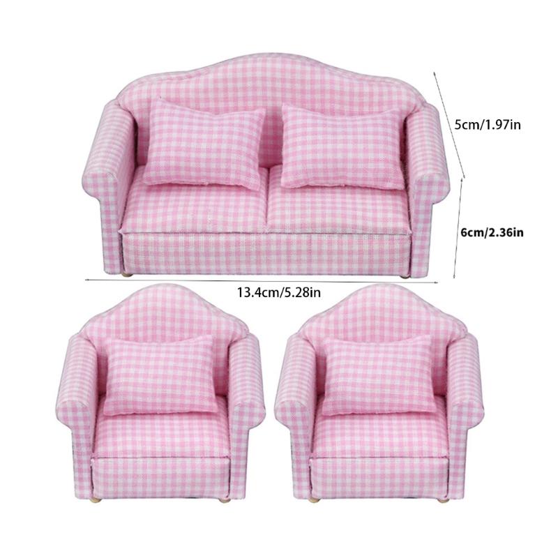 Soft Fabric Miniature Sofa Set With Cushions For 1/12 Doll House Accessories Living Room Scene Display Decoration
