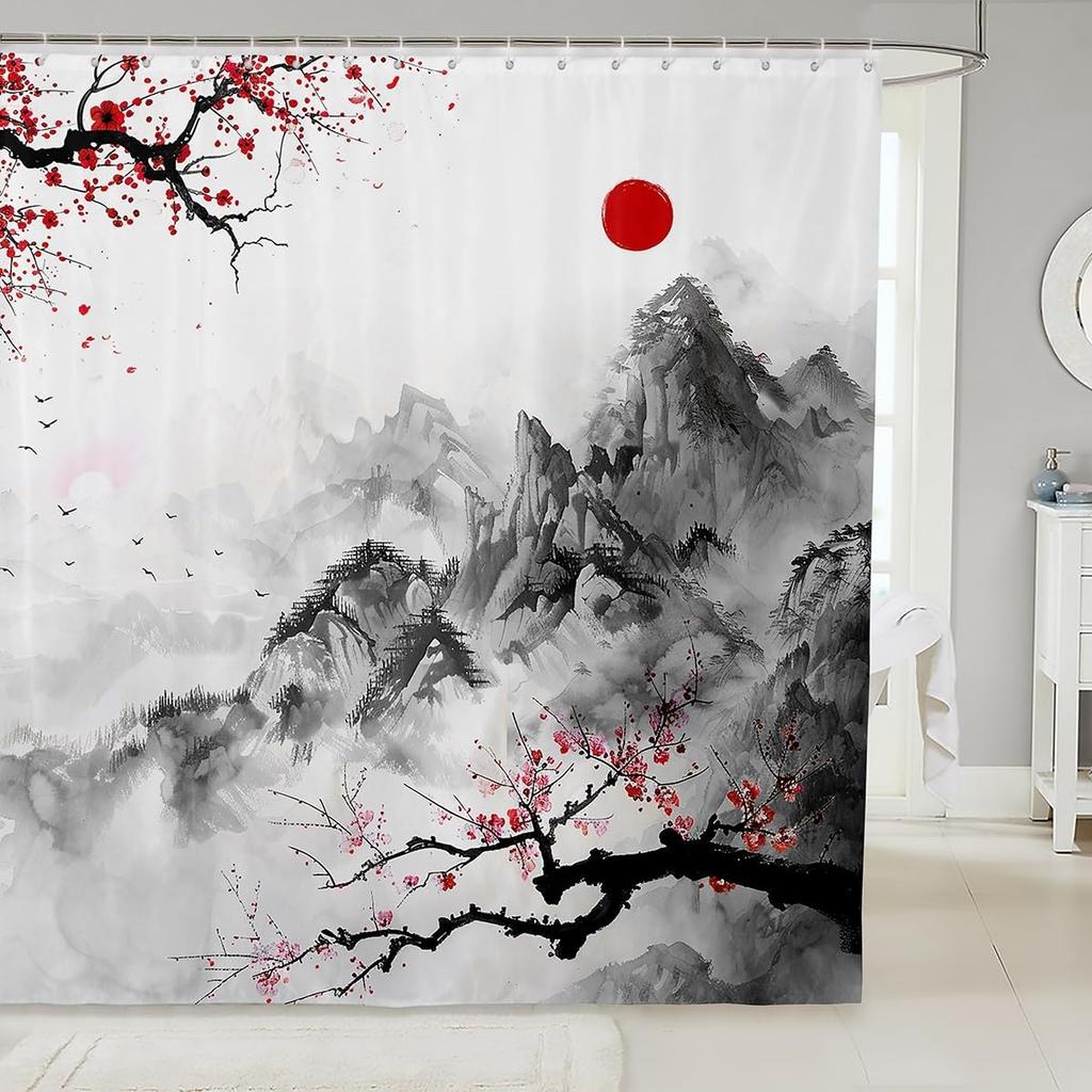 Japanese Wave Shower Curtain Kids Cherry Blossoms Bathroom Shower Curtain Set For Boys Girls Japanese Ukiyoe Theme Home Decor