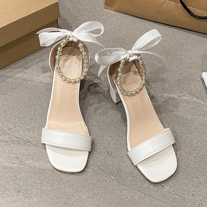 Fashion 2025Sandals Women's Summer Fashion Casual Bow High Heels Fairy Wind Pearl High Heels Design Sense of Niche Chunky Sandals