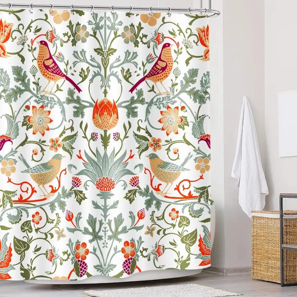 Vintage Garden Art Floral Shower Curtain, Heavy Weight Fabric, Washable Bath Curtains For Bathroom
