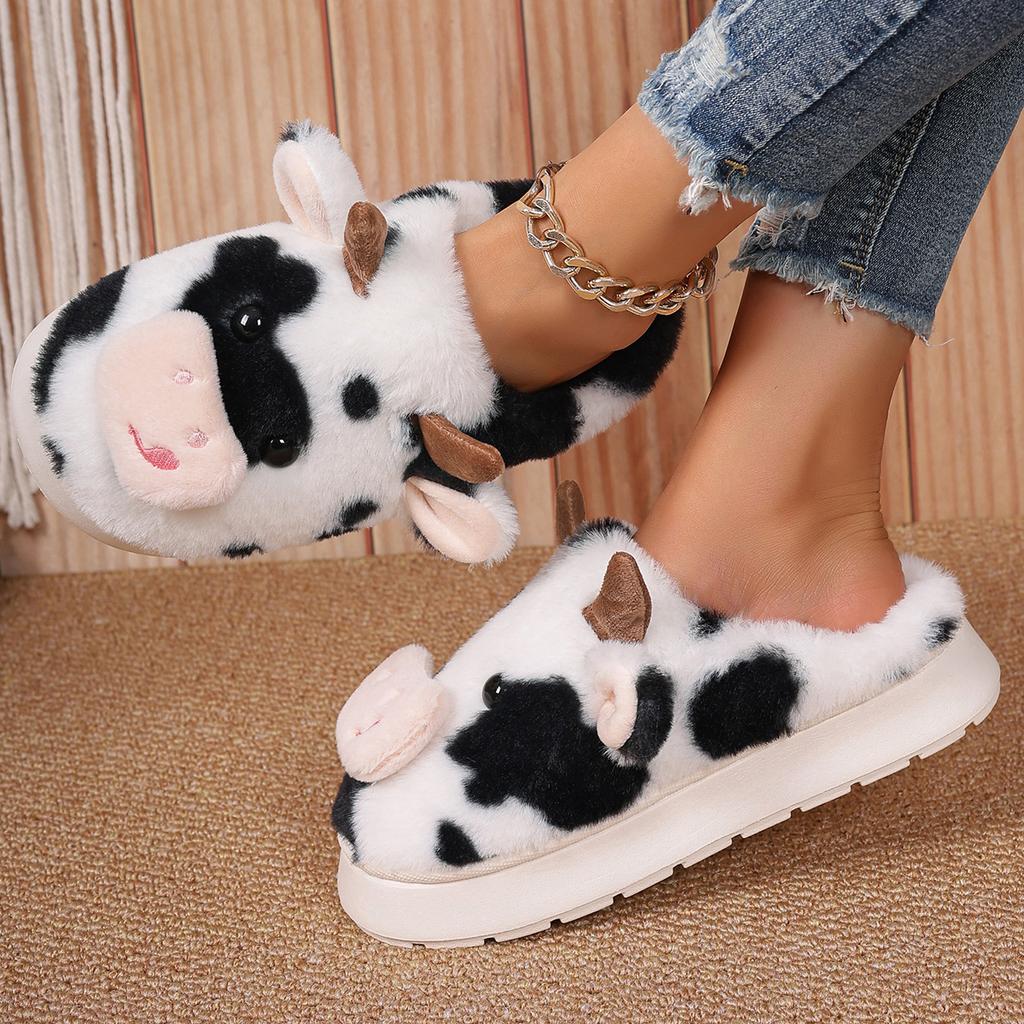 Fashion New Winter Unisex Cartoon Cow Warm Plush Slippers Couple Indoor Non-slip House Slides Men And Women Toe Wrap Home Cotton Shoes