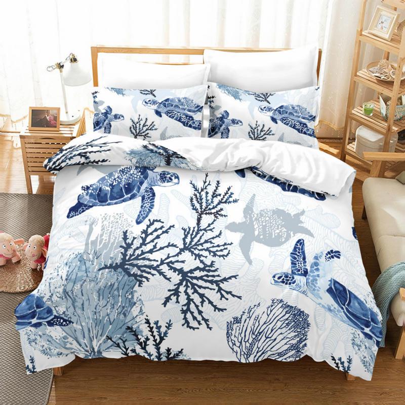Sea Turtle Duvet Cover Set Pillow Cases Ocean Animal Turtle Bedding Set Queen King Kids Home Textiles Map Coral Soft Quilt Cover