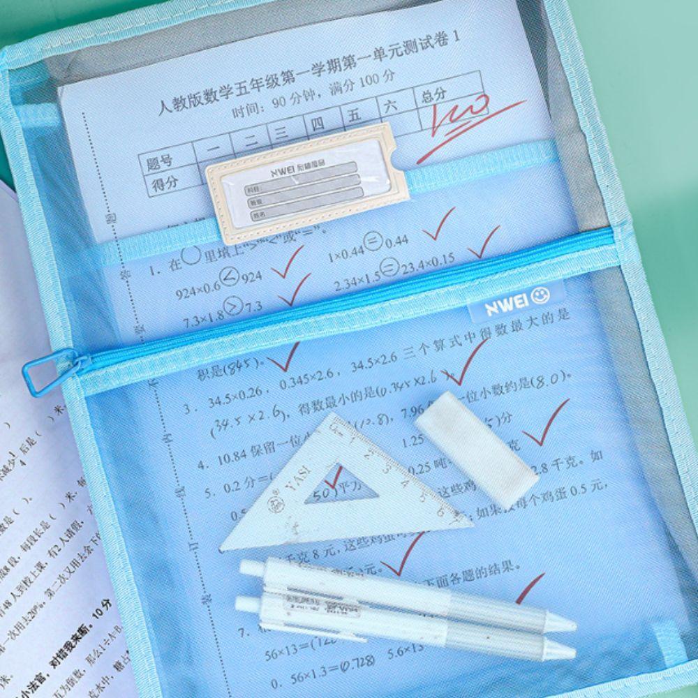 L Shaped Test Paper Storage Bag Thickened Mesh Three-layer Partition File Folder Bag Transparent Wide Opening