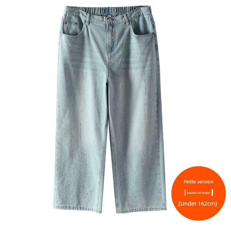 Plus size women clothing [Flash Jeans] Three Pants with Diamonds Shiny Summer Chubby Girl High Waist Straight Wide Leg Pants