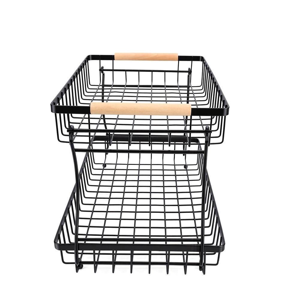 2 Tier Fruit Basket Kitchen Countertop Organizer Foldable Iron Frame Snack Storage Basket No Screw Assembly for Fruits