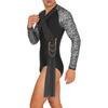 Mens Latin Dance Wear Floral Lace Long Sleeve Ruched Mesh Layer Chain Tassel Button Crotch Leotard