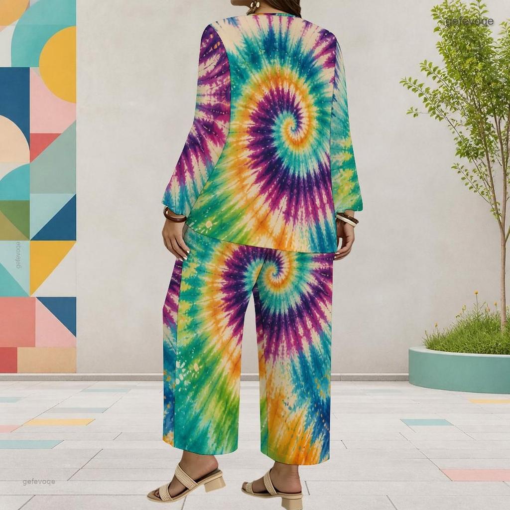 Women Plus Size Two Piece Set Round Neck Long Sleeve Printed Layered Top Wide Leg Cropped Pants