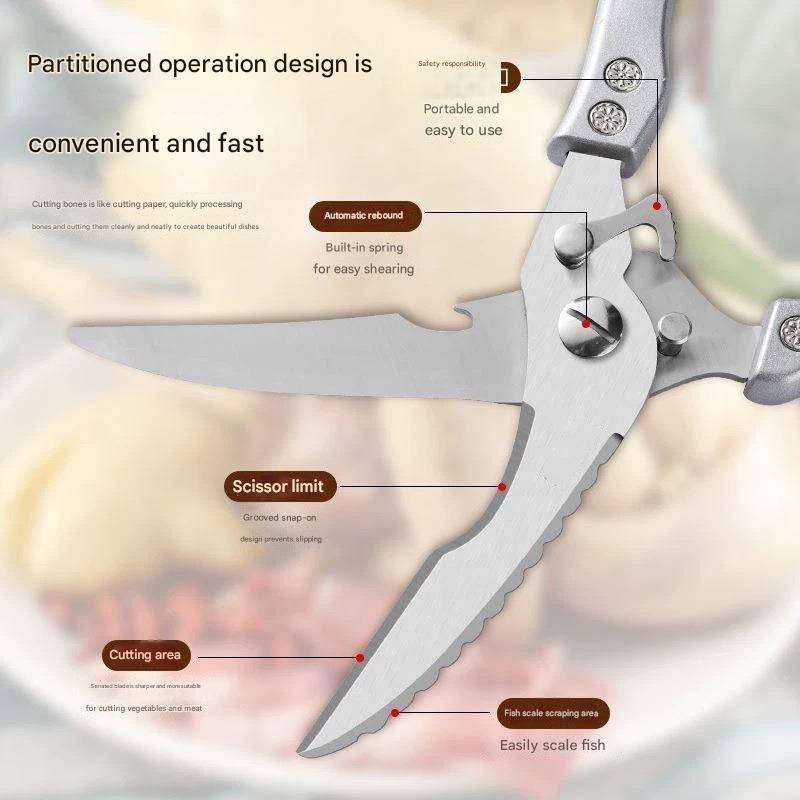 Multifunction Kitchen Scissors Stainless Steel, Heavy-Duty Household Meat, Fish, Chicken Bone Cutting Shears