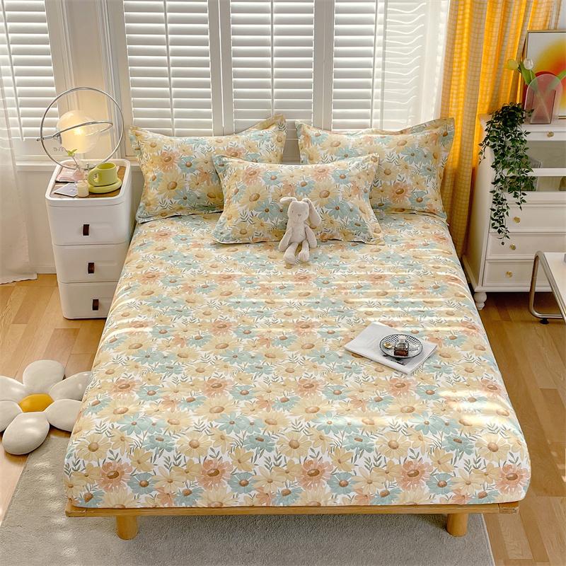 Blue White Floral Pattern Fitted Sheet Set Abstract Flowers Cotton Bedding Set Skin-friendly Non-slip Bedspread with Pillowcases