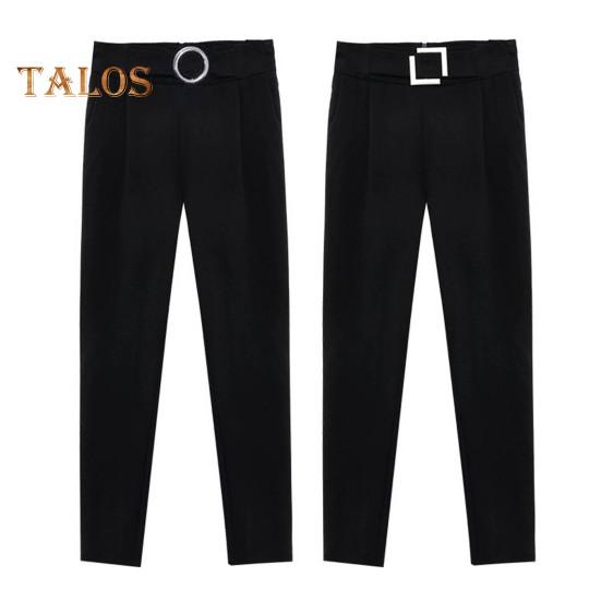 Women Casual Trousers High Waist Suit Pants Metal Buckle Pockets Solid Color Slim Fit Harem Pants Workwear