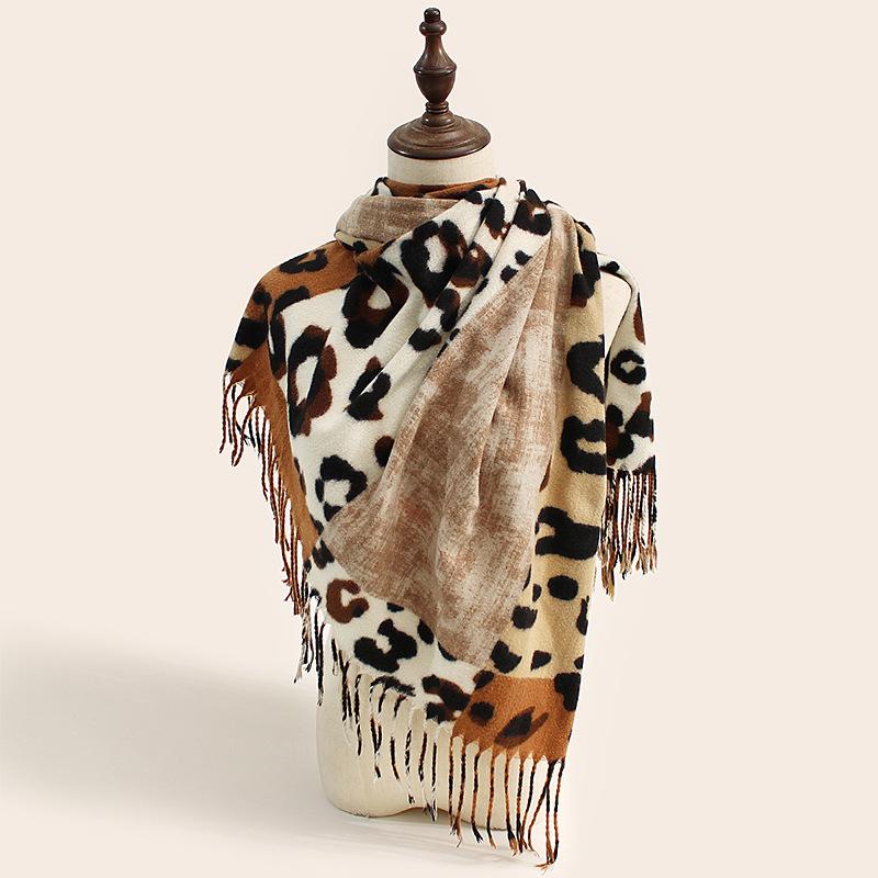 

Chic Leopard Print Color Block Pashmina Scarf - Faux Cashmere, Warm & Windproof Shawl for Women, Machine Washable Thick Stole
