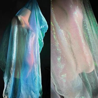 100/300/500cm Blue Mermaid Rainbow Elastic Laser Pleats Gradient Illusion Organza Dress DIY Fabric Designer Fabric
