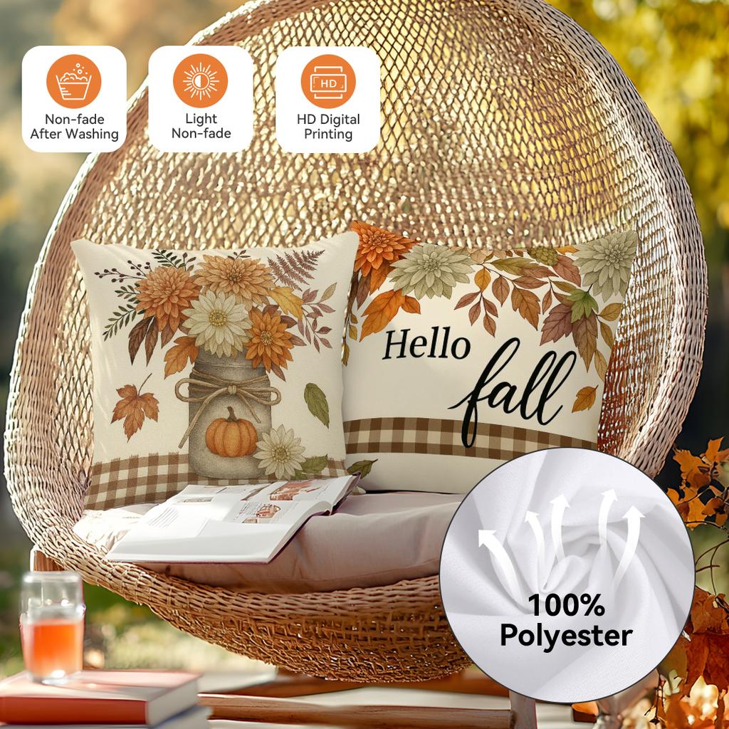4Pcs/Set 45X45Cm Light Brown Autumn Floral Grid Pillowcase Bedroom Sofa Living Room Cushion Cover 100% Polyester Home Decor