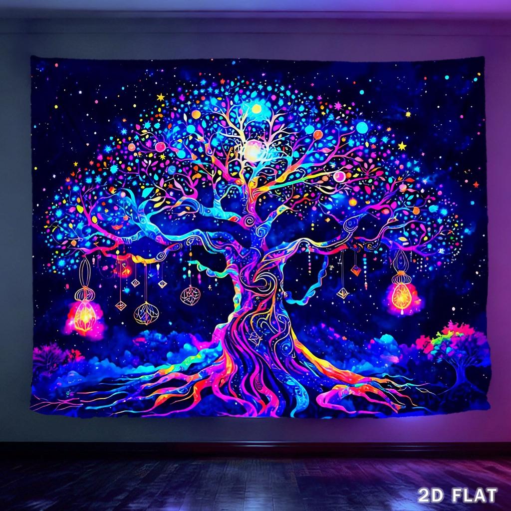 2D Flaches UV Neon Baum Hintergrund Banner - Leuchtende Ornamente & Sternenhimmel Anime Wandteppich, Polyester Foto Hintergrund für Schlafzimmer (Kostenlose Installation)