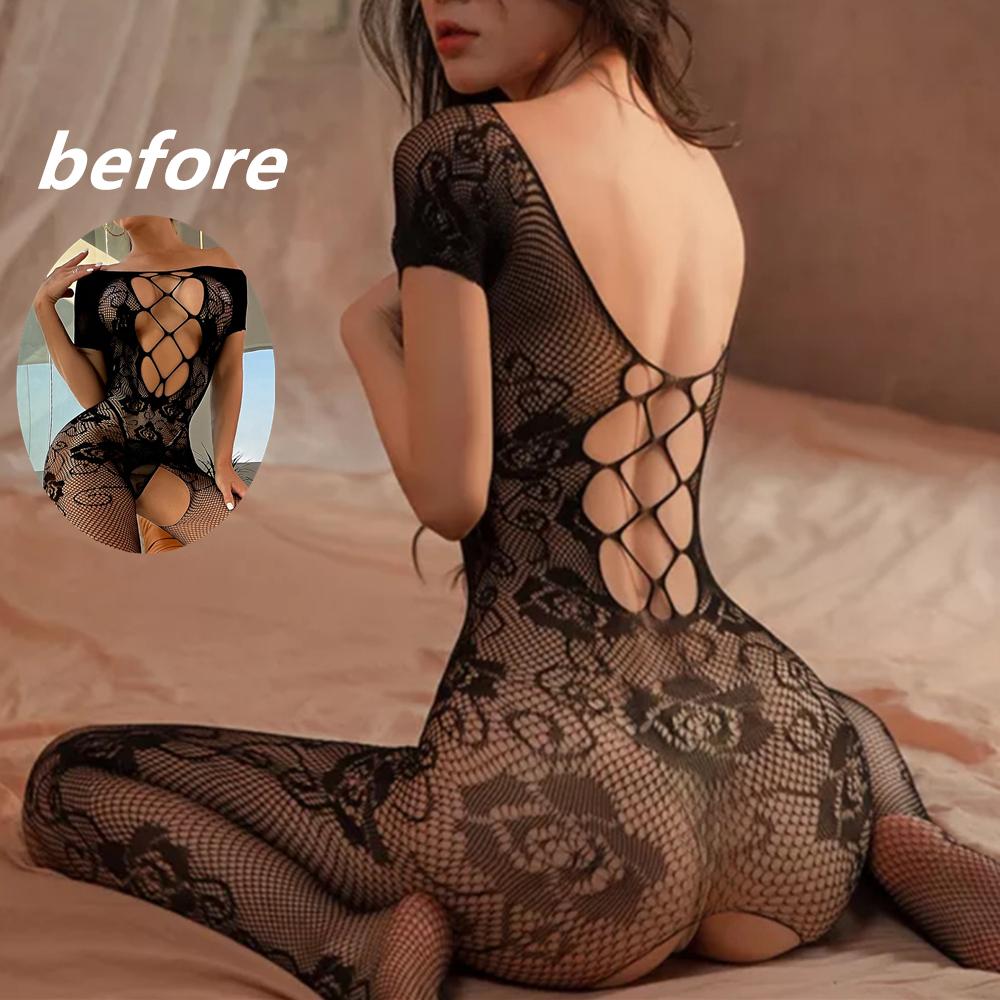 Porno Sexy Mesh Open Bra Hollow Out See Through Body Stocking Stretch Slim Fit Backless Open Crotch Seduction Lingerie Women