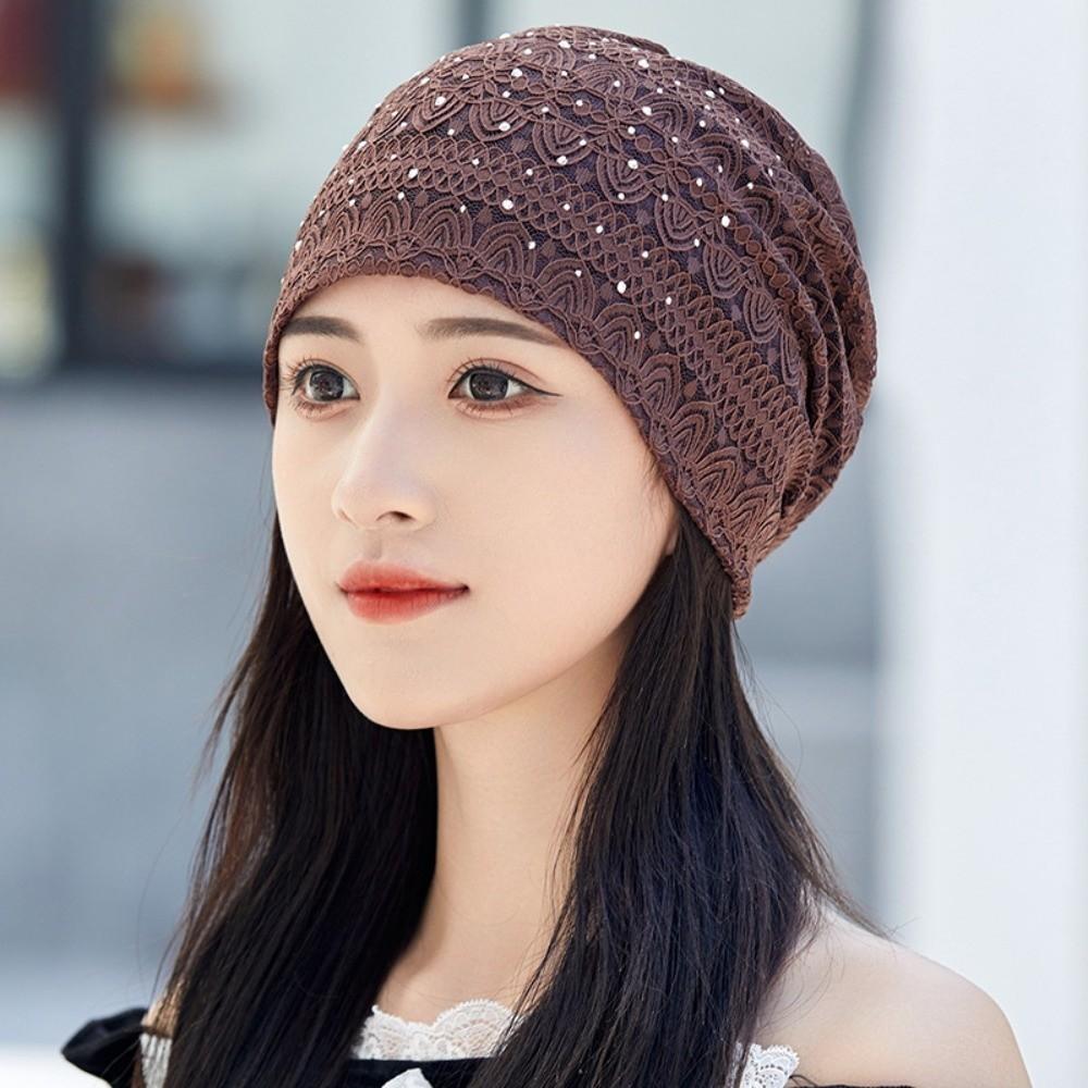 Soft Lace Beanie Hats Rhinestones Hijab Turban Cap Casual Warm Bonnet Caps  Autumn Spring