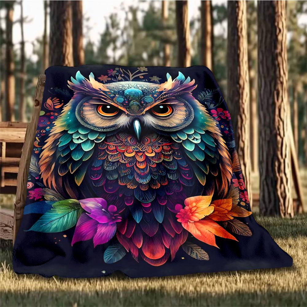 1pc Colorful Owl Print Outdoor Flannel Blanket, Cozy & Warm Soft Te Playful Design, Napping Camping,