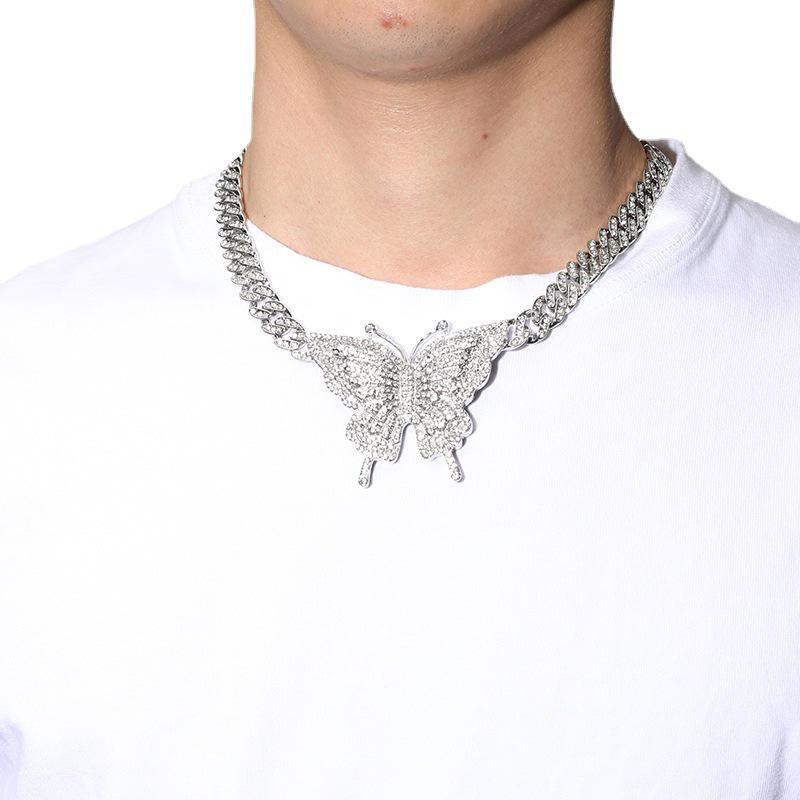 European American Hip Hop Cuban Chain Butterfly Necklace with Diamonds - Women's Trendy Style